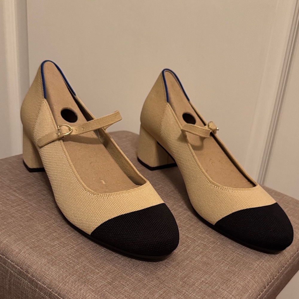 Rothy's Beige and Black Mary Jane Heels